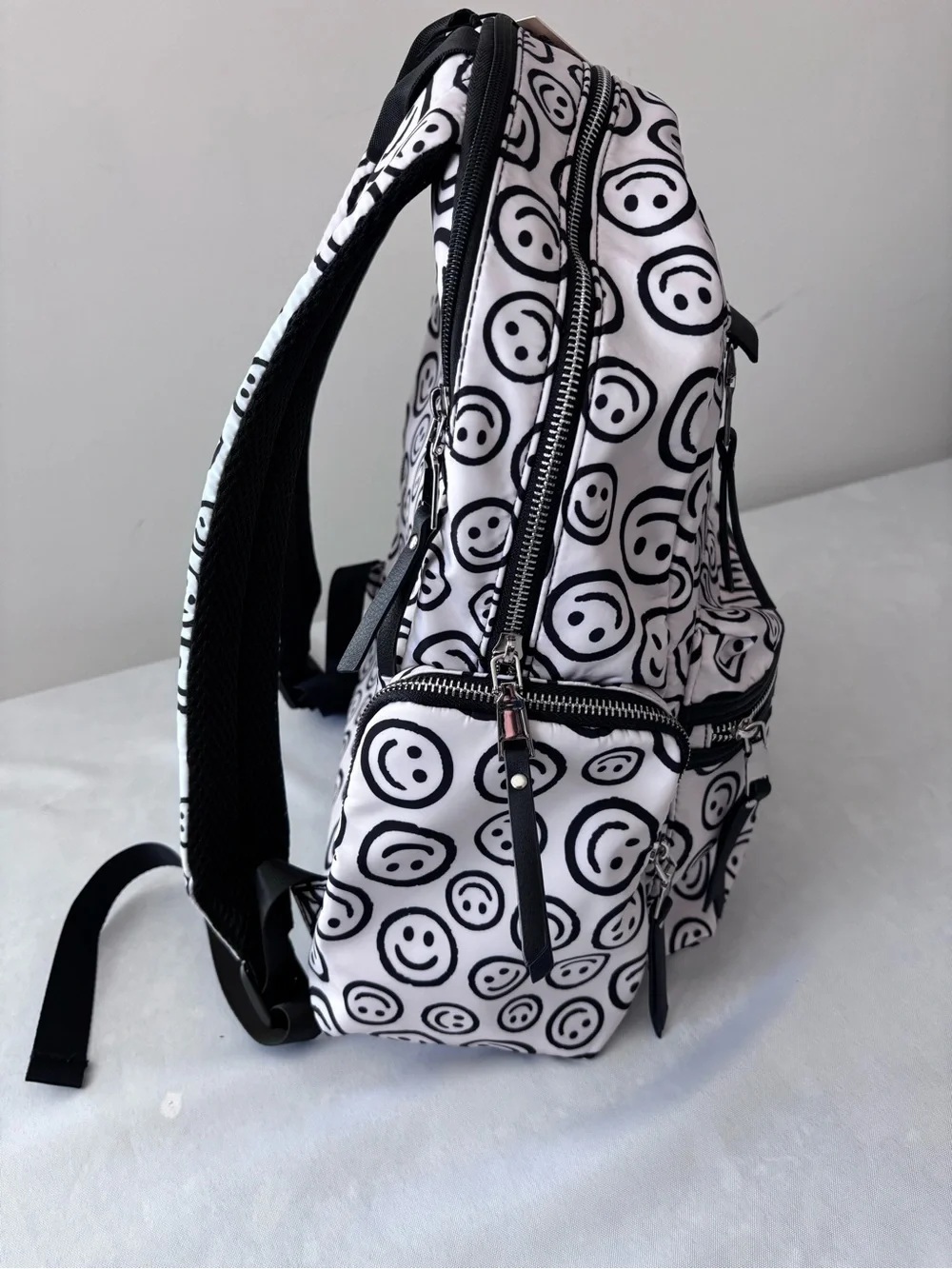 Madden NYC nylon backpacks Smiley Print White & Black Backpack - Designer Style